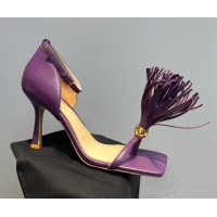 Most Popular Bottega Veneta Stretch Strap Lambskin Sandal 9cm with Tassel Charm Purple 3020710