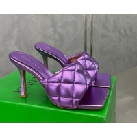 Buy Discount Bottega Veneta Padded Quilted Metallic Leather High Heel Slide Sandals 9cm Purple 020725