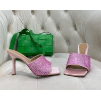 Charming Bottega Veneta Lido High Heel Slide Sandals in Silk and Crystals 9cm Pink 032012