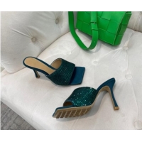 Sumptuous Bottega Veneta Lido High Heel Slide Sandals in Silk and Crystals 9cm Green 032015