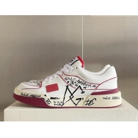 Best Luxury Dolce & Gabbana New Roma Graffiti Calfskin Sneakers White/Red 122301