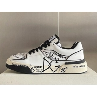 Elegant Dolce & Gabbana New Roma Graffiti Calfskin Sneakers White/Black 122304