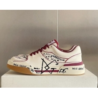 New Style Dolce & Gabbana New Roma Graffiti Calfskin Sneakers White/Burgundy 122306