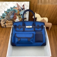 Super Quality Hermes Birkin 35cm Cargo Bag in Swift Leather and Canvas HB35 Blue (Pure Handmade)