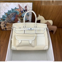 Top Quality Hermes Birkin 35cm Cargo Bag in Swift Leather and Canvas HB35 White (Pure Handmade)