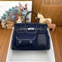 Well Crafted Hermes Birkin 35cm Cargo Bag in Swift Leather and Canvas HB35 Navy Blue (Pure Handmade)