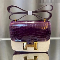 Buy Grade Hermes Constance 18cm Bag in Original Shiny Nile Crocodile Leather H4064 Purple (Pure Handmade)