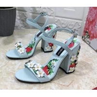 Unique Style Dolce & Gabbana High Heel Sandals 10.5cm in Printed Calfskin with Bloom Charm Light Blue 401013