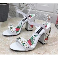 Good Quality Dolce & Gabbana High Heel Sandals 10.5cm in Printed Calfskin with Bloom Charm White 401015