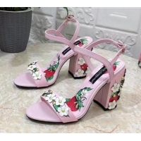 Purchase Dolce & Gabbana High Heel Sandals 10.5cm in Printed Calfskin with Bloom Charm Light Pink 401017