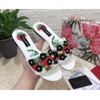 Luxurious Dolce & Gabbana Flat Slide Sandals in Printed Calfskin with Bloom Charm White/Multicolor 401021