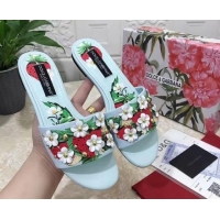 Top Grade Dolce & Gabbana Flat Slide Sandals in Printed Calfskin with Bloom Charm Light Blue 401023