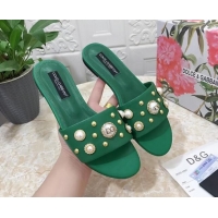 Lowest Cost Dolce & Gabbana DG Lambskin Flat Slide Sandals with Pearls Green 605013