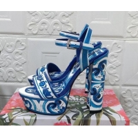 Charming Dolce & Gabbana DG Printed Polished Calfskin Platform Sandals 15cm Blue 703108