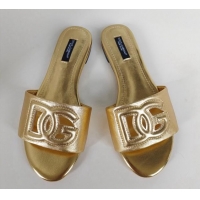 Big Discount Dolce & Gabbana DG Cutout Calfskin Flat Slide Sandals Gold 071064