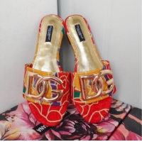 Good Quality Dolce & Gabbana DG Printed Flat Slide Sandals Red 071066