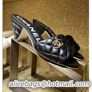 ​Promotional Chanel REV Lambskin Quilted CC Gold Logo Cone Heel Mule Slide Sandal CH8971 Black