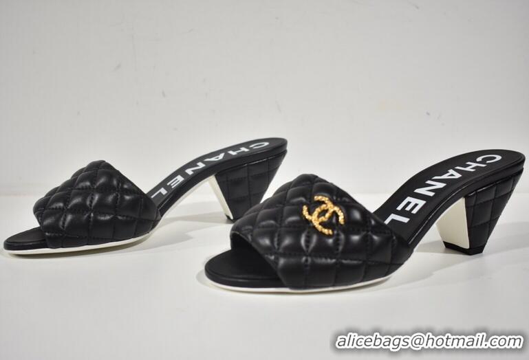 ​Promotional Chanel REV Lambskin Quilted CC Gold Logo Cone Heel Mule Slide Sandal CH8971 Black