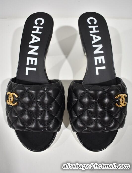 ​Promotional Chanel REV Lambskin Quilted CC Gold Logo Cone Heel Mule Slide Sandal CH8971 Black