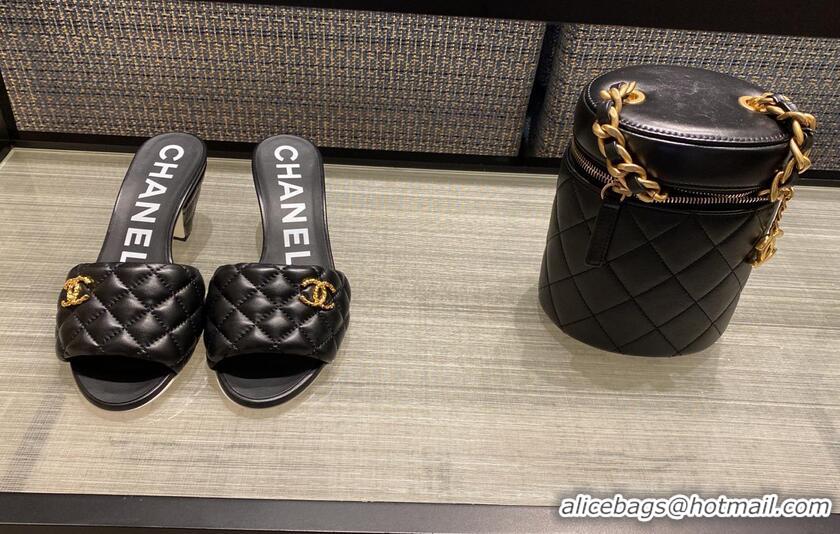 ​Promotional Chanel REV Lambskin Quilted CC Gold Logo Cone Heel Mule Slide Sandal CH8971 Black