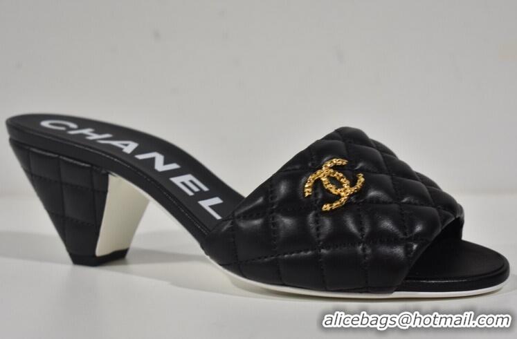 ​Promotional Chanel REV Lambskin Quilted CC Gold Logo Cone Heel Mule Slide Sandal CH8971 Black