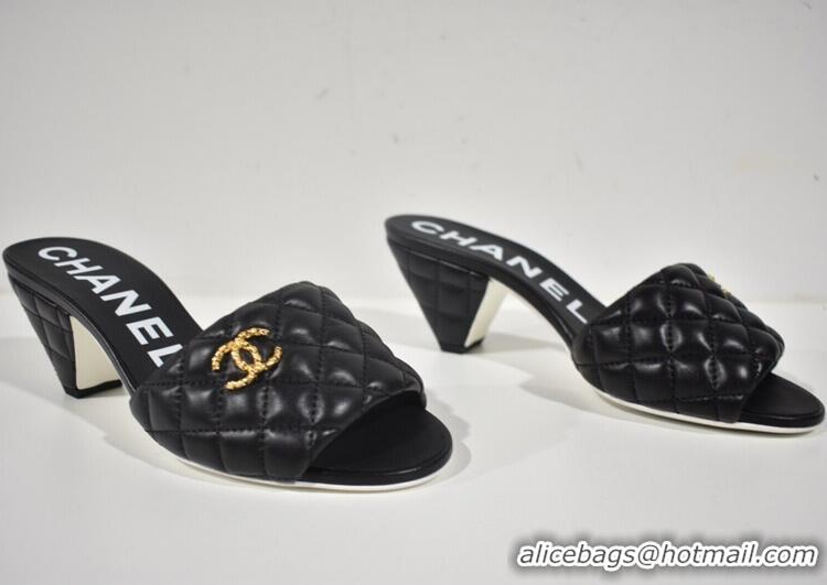 ​Promotional Chanel REV Lambskin Quilted CC Gold Logo Cone Heel Mule Slide Sandal CH8971 Black