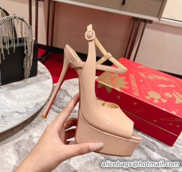 Good Looking Christian Louboutin Jenlove Patent Leather High Heel Open Toe Platform Pumps 15cm Nude 0321001