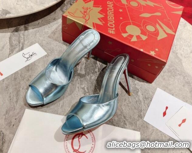 Popular Style Christian Louboutin Me Dolly High Heel Slide Sandals 10cm in Blue Patent Leather 321012