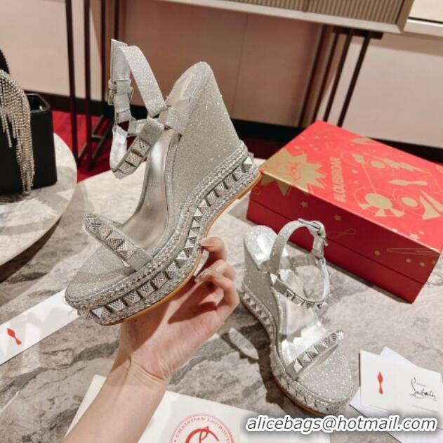 Unique Style Christian Louboutin Pyraclou Espadrilles Wedge Sandals 12cm Silver 420042