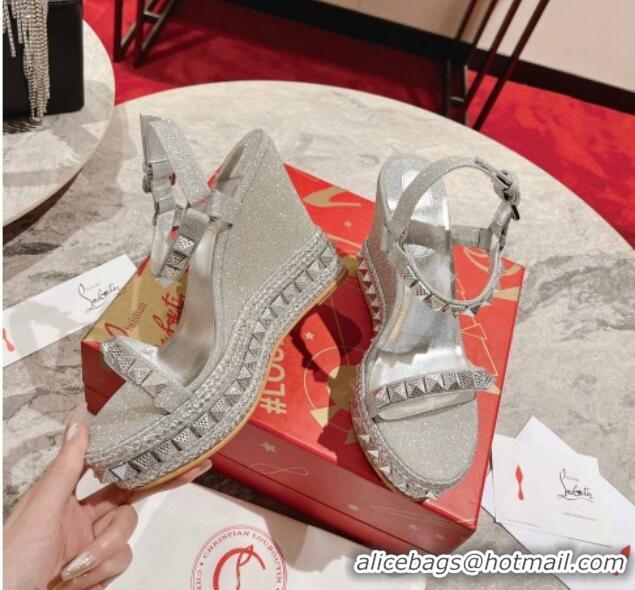 Unique Style Christian Louboutin Pyraclou Espadrilles Wedge Sandals 12cm Silver 420042