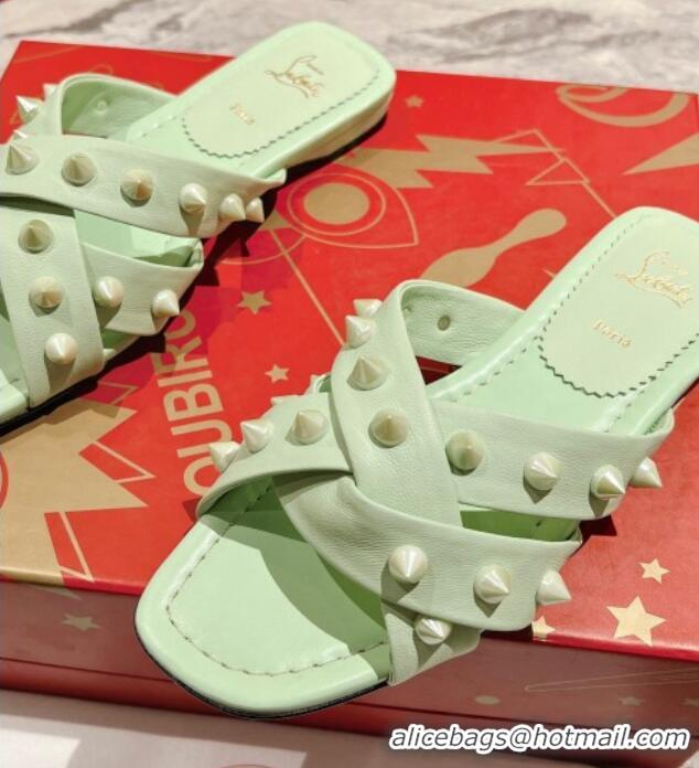 Sumptuous Christian Louboutin Miss Spika Club Flat Slide Sandals in Nappa Leather and Spikes Studio Green 425094