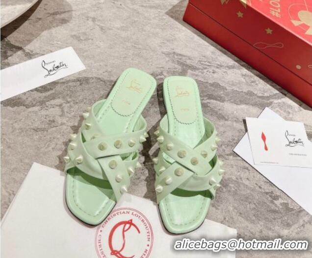 Sumptuous Christian Louboutin Miss Spika Club Flat Slide Sandals in Nappa Leather and Spikes Studio Green 425094