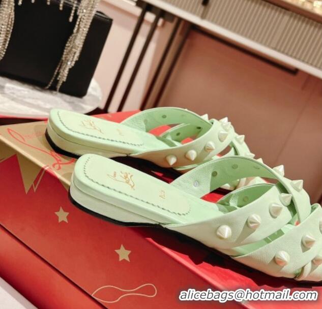 Sumptuous Christian Louboutin Miss Spika Club Flat Slide Sandals in Nappa Leather and Spikes Studio Green 425094