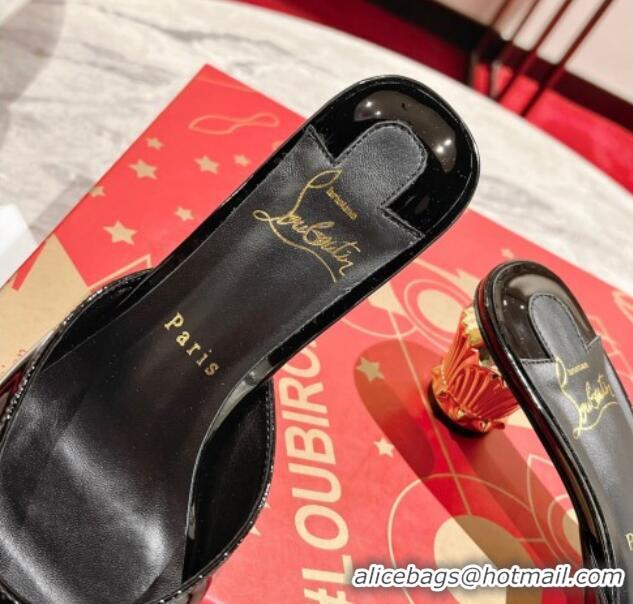 Crafted Christian Louboutin Lipsita Heel Slide Sandals 5.5cm in Black Patent Leather 425103