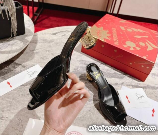 Crafted Christian Louboutin Lipsita Heel Slide Sandals 5.5cm in Black Patent Leather 425103