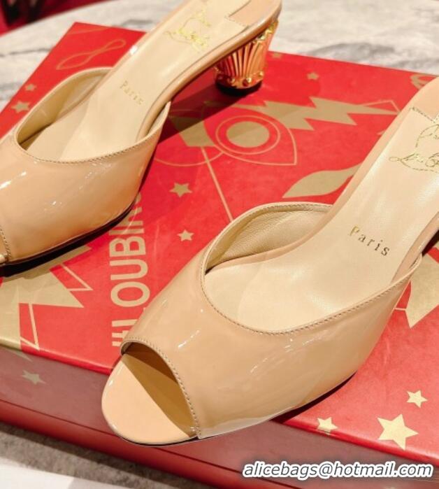 Luxurious Christian Louboutin Lipsita Heel Slide Sandals 5.5cm in Beige Patent Leather 425102