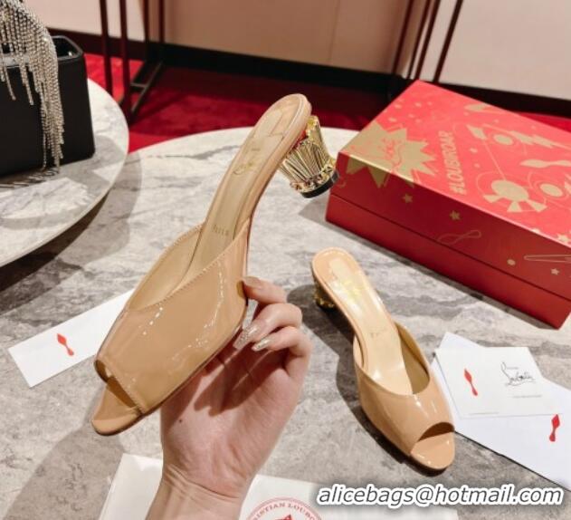 Luxurious Christian Louboutin Lipsita Heel Slide Sandals 5.5cm in Beige Patent Leather 425102