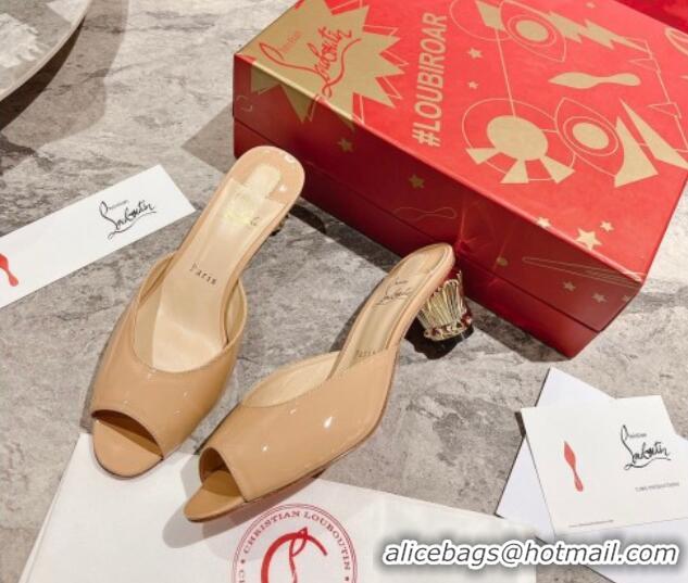 Luxurious Christian Louboutin Lipsita Heel Slide Sandals 5.5cm in Beige Patent Leather 425102