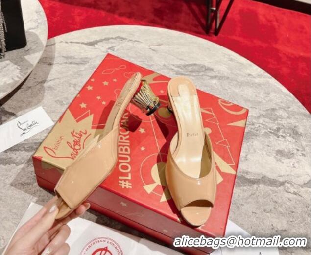 Luxurious Christian Louboutin Lipsita Heel Slide Sandals 5.5cm in Beige Patent Leather 425102