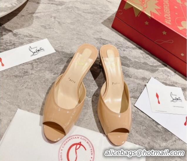 Luxurious Christian Louboutin Lipsita Heel Slide Sandals 5.5cm in Beige Patent Leather 425102