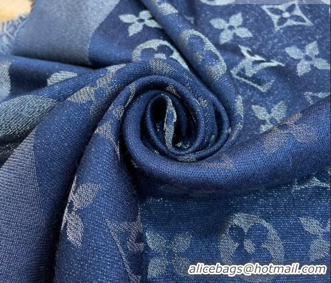 New Design Louis Vuitton Shiny Silver Monogram Scarf 142x142cm LV09281 Dark Denim Blue 2023