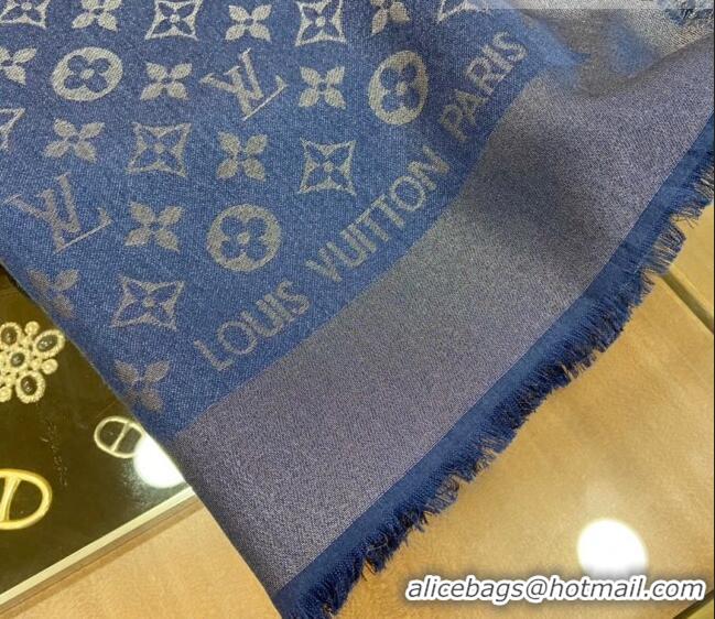 New Design Louis Vuitton Shiny Silver Monogram Scarf 142x142cm LV09281 Dark Denim Blue 2023