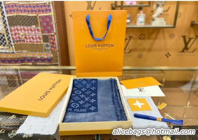 New Design Louis Vuitton Shiny Silver Monogram Scarf 142x142cm LV09281 Dark Denim Blue 2023