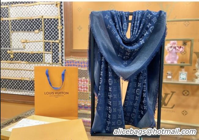 New Design Louis Vuitton Shiny Silver Monogram Scarf 142x142cm LV09281 Dark Denim Blue 2023