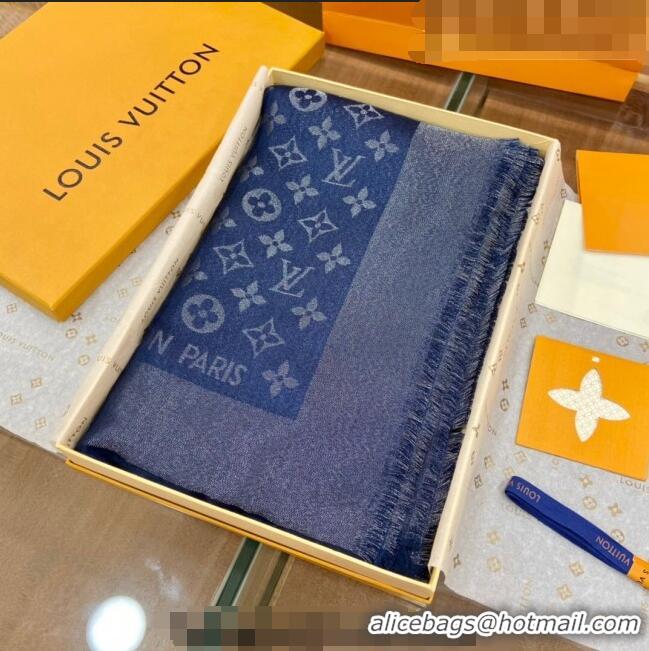 New Design Louis Vuitton Shiny Silver Monogram Scarf 142x142cm LV09281 Dark Denim Blue 2023