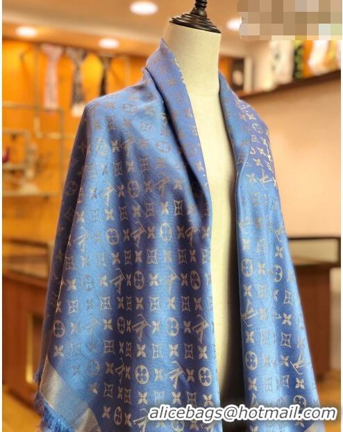 Famous Brand Louis Vuitton Shiny Gold Monogram Scarf 142x142cm LV09281 Blue 2 2023