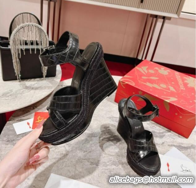 Good Looking Christian Mafaldina Zeppa Platform Sandals 12cm in Crocodile Embossed Leather Black 605007