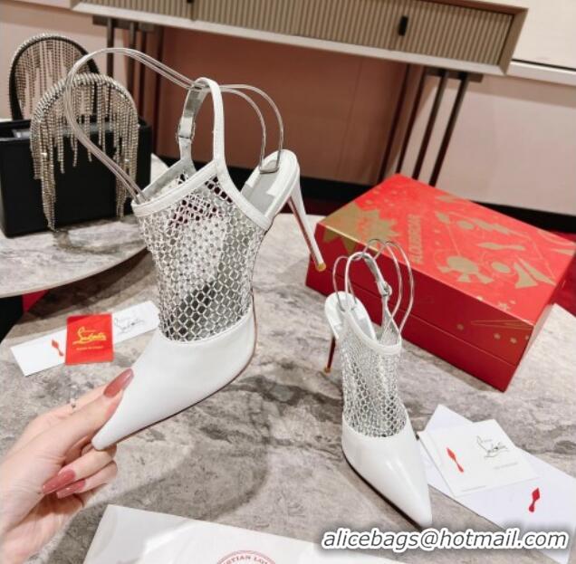 Top Grade Christian Louboutin Plougesta Pump Strass 10cm in Mesh and White Leather 620002