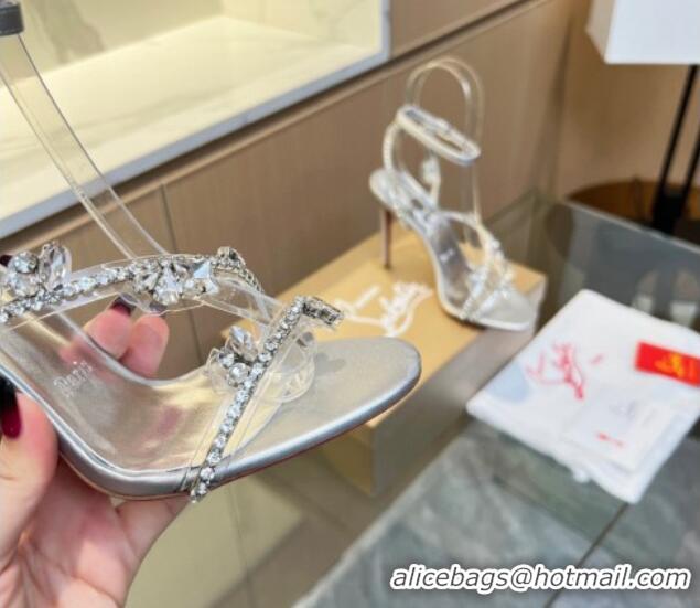 Shop Duplicate Christian Louboutin Joli Queen High Heel Sandals 10cm in PVC and Crystals Silver 915028