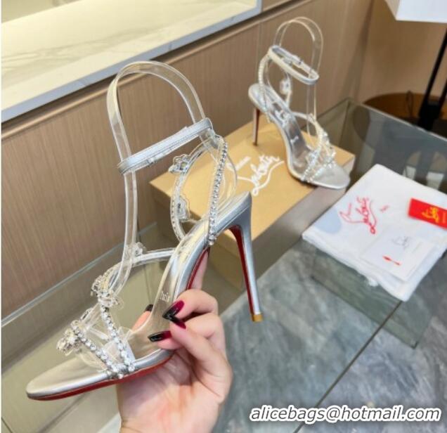 Shop Duplicate Christian Louboutin Joli Queen High Heel Sandals 10cm in PVC and Crystals Silver 915028